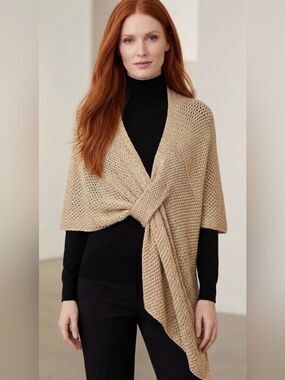 Chico's Sandy Camel Basketweave Pull-Through No Button Wrap Sweater Shawl S/M